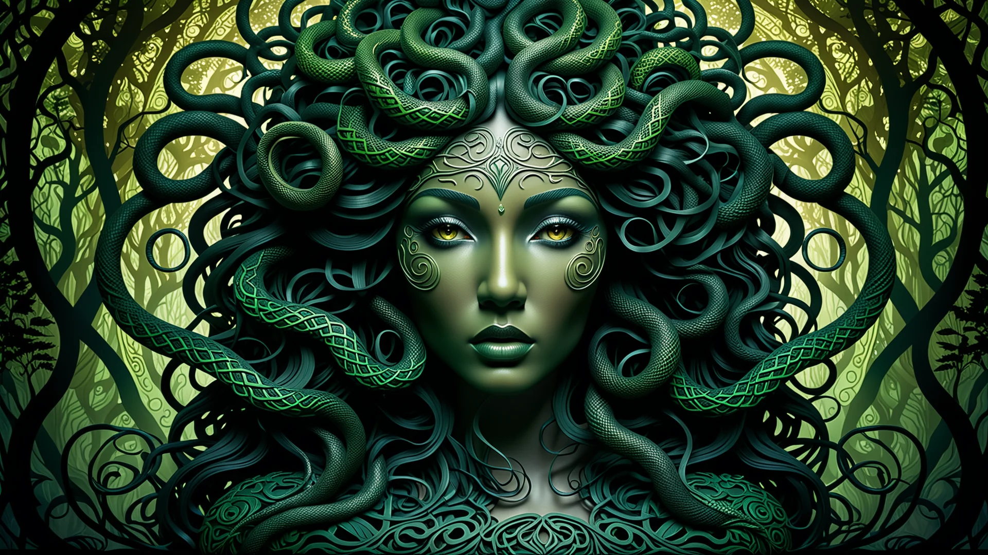 Enchanting Medusa in a Mystical Dark Forest - AI Art Illustration