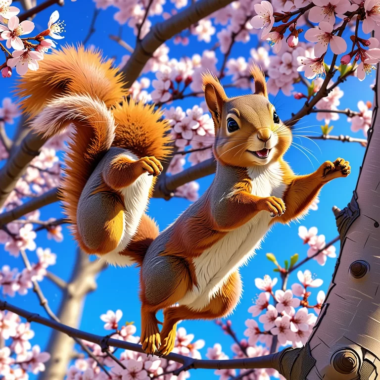 Vibrant Anime Squirrel Acrobatics Under Cherry Blossoms