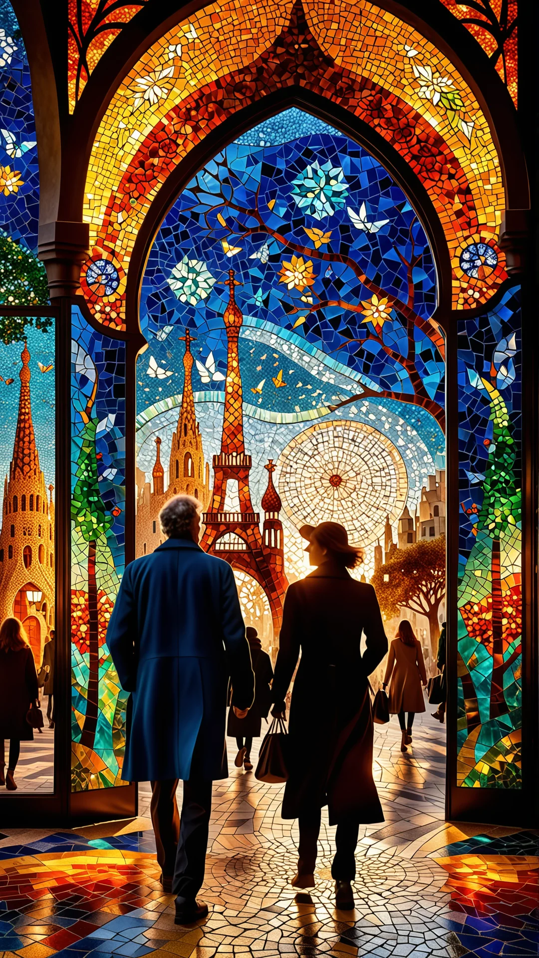 Vibrant Urban Mosaic Art Inspired by Gaudí and Chagall in 8K