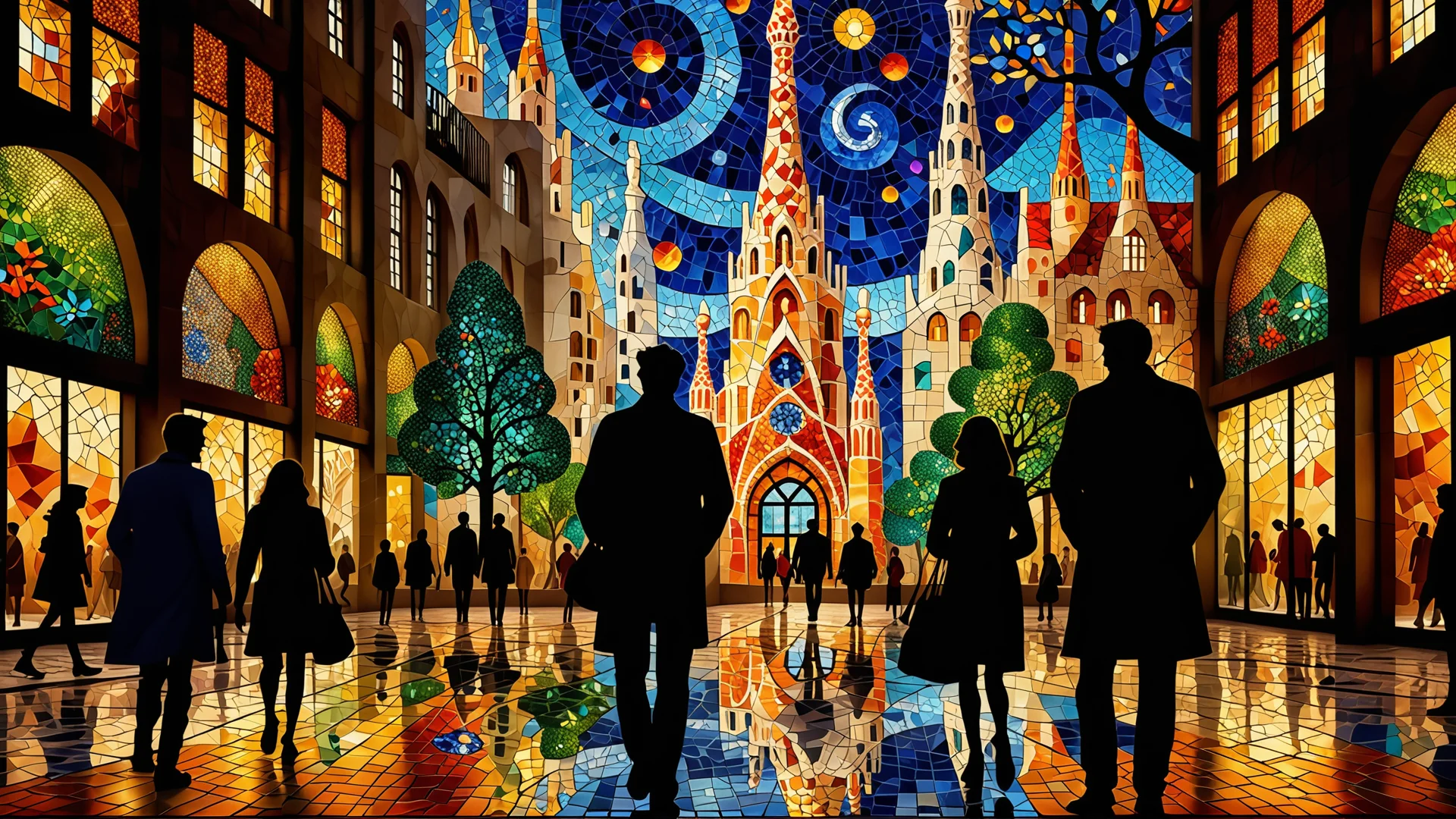 Vibrant Urban Mosaic Art Inspired by Gaudí and Chagall in 8K