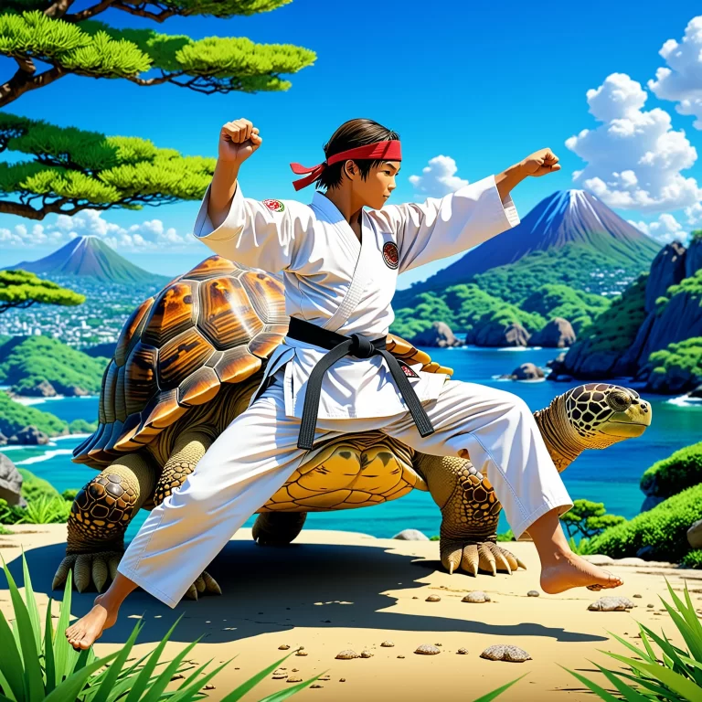 Dynamic Karate Pose in Serene Landscape: Anime-Style Art