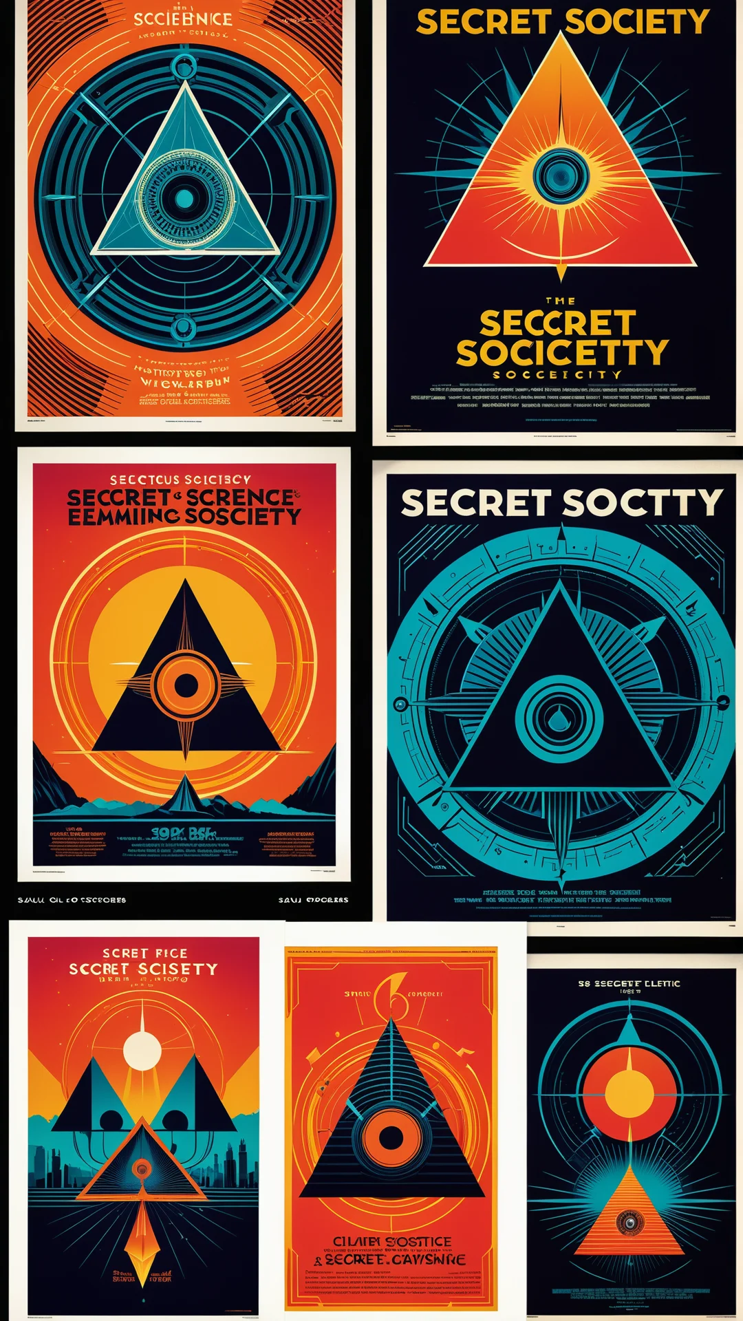 Vibrant Science Film Posters Featuring Secret Societies in Retro-Futuristic Style