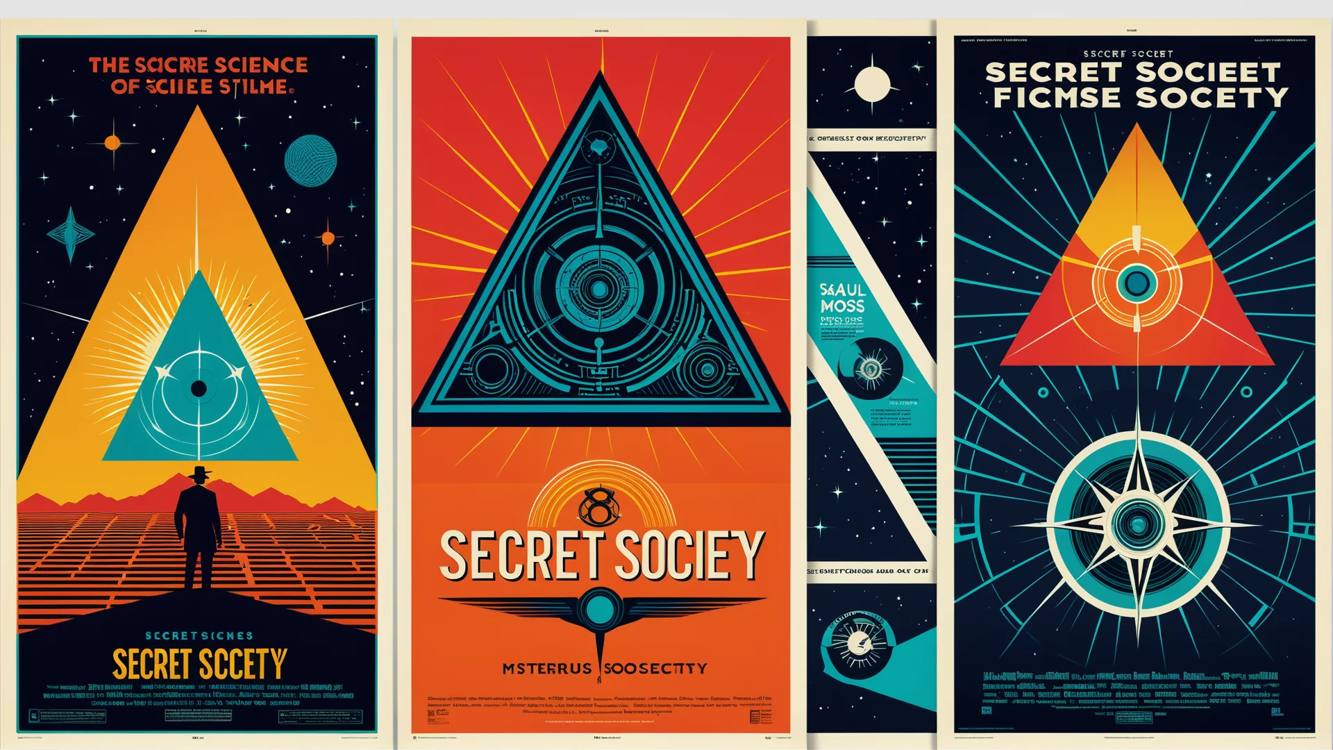 Vibrant Science Film Posters Featuring Secret Societies in Retro-Futuristic Style