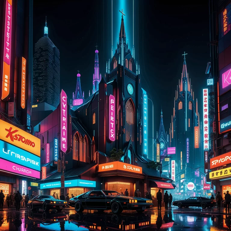 Futuristic Neon Cyberpunk Church: A Night in a Dystopian City