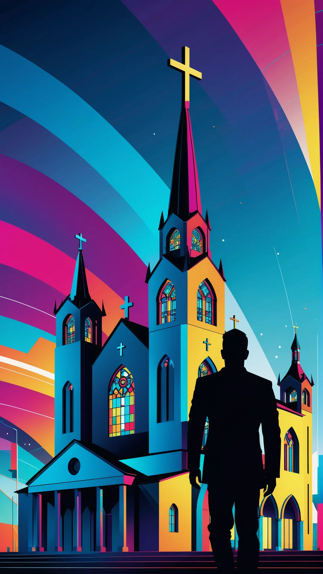 Futuristic AI Art: Bauhaus Style Abstract with Church Silhouette