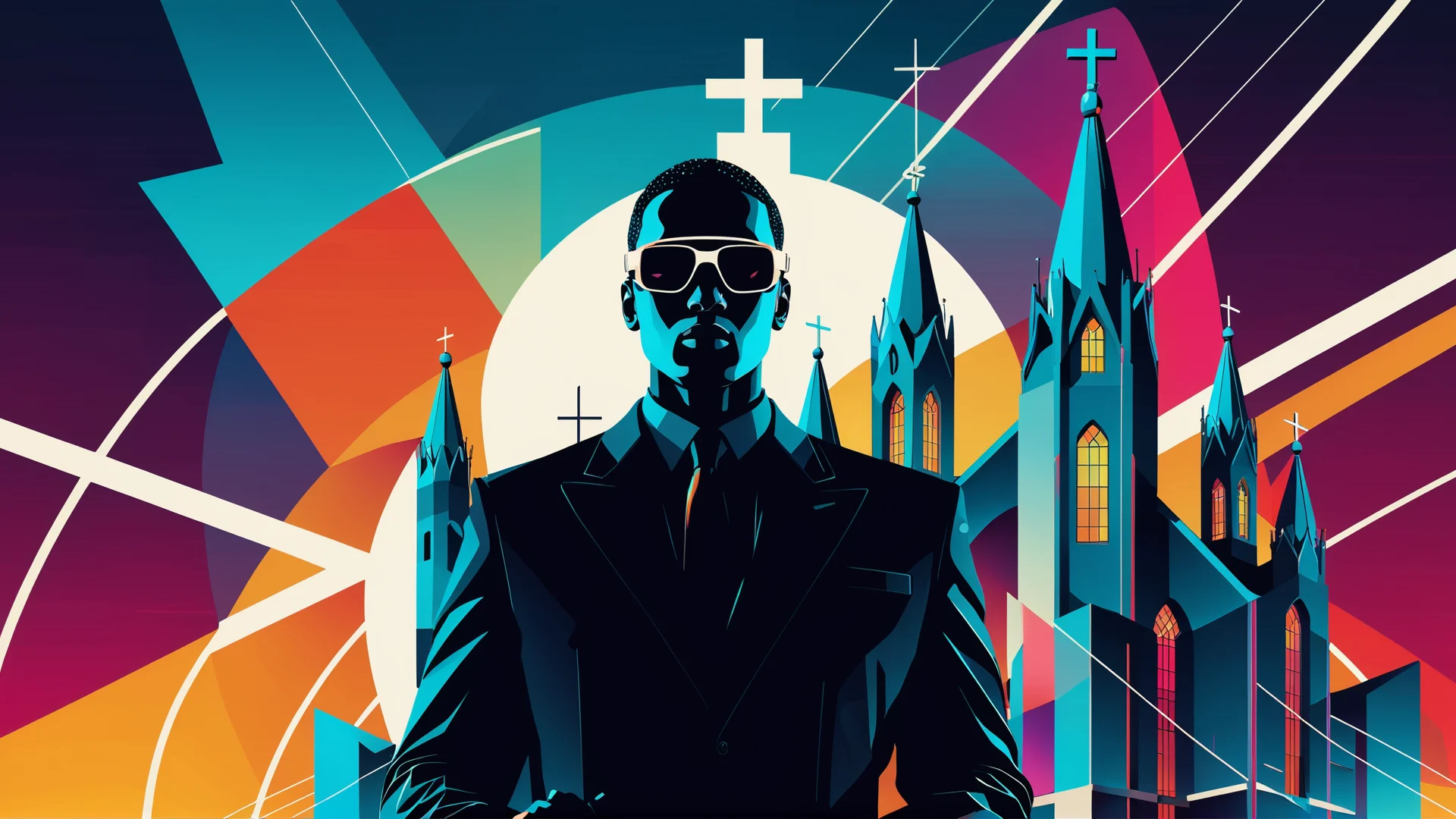 Futuristic AI Art: Bauhaus Style Abstract with Church Silhouette