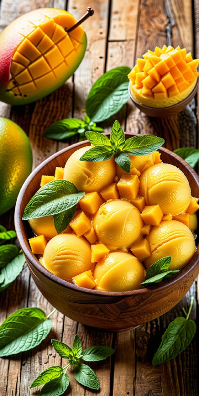 Indulge in this vibrant mango sorbet, perfectly garnished with fresh mint. A refreshing summer treat that delights the senses!...