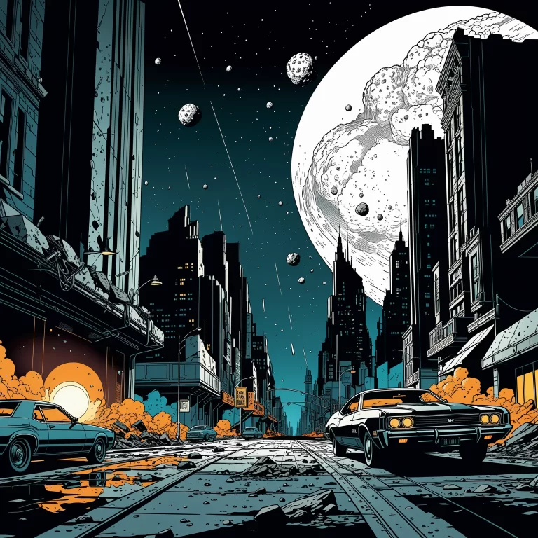 Futuristic City in Peril: Asteroid Descent in Noir Comic Style