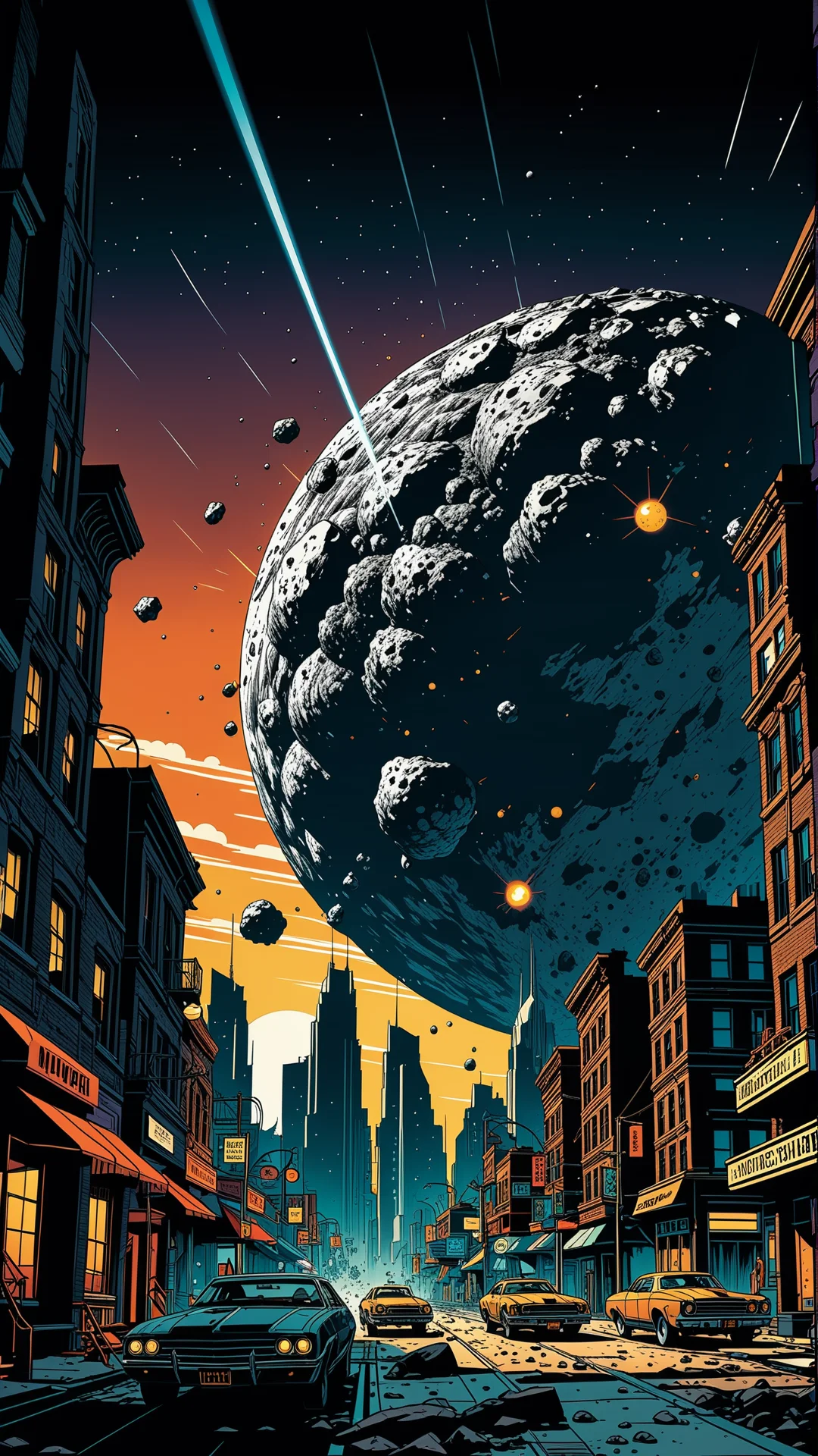 Futuristic City in Peril: Asteroid Descent in Noir Comic Style