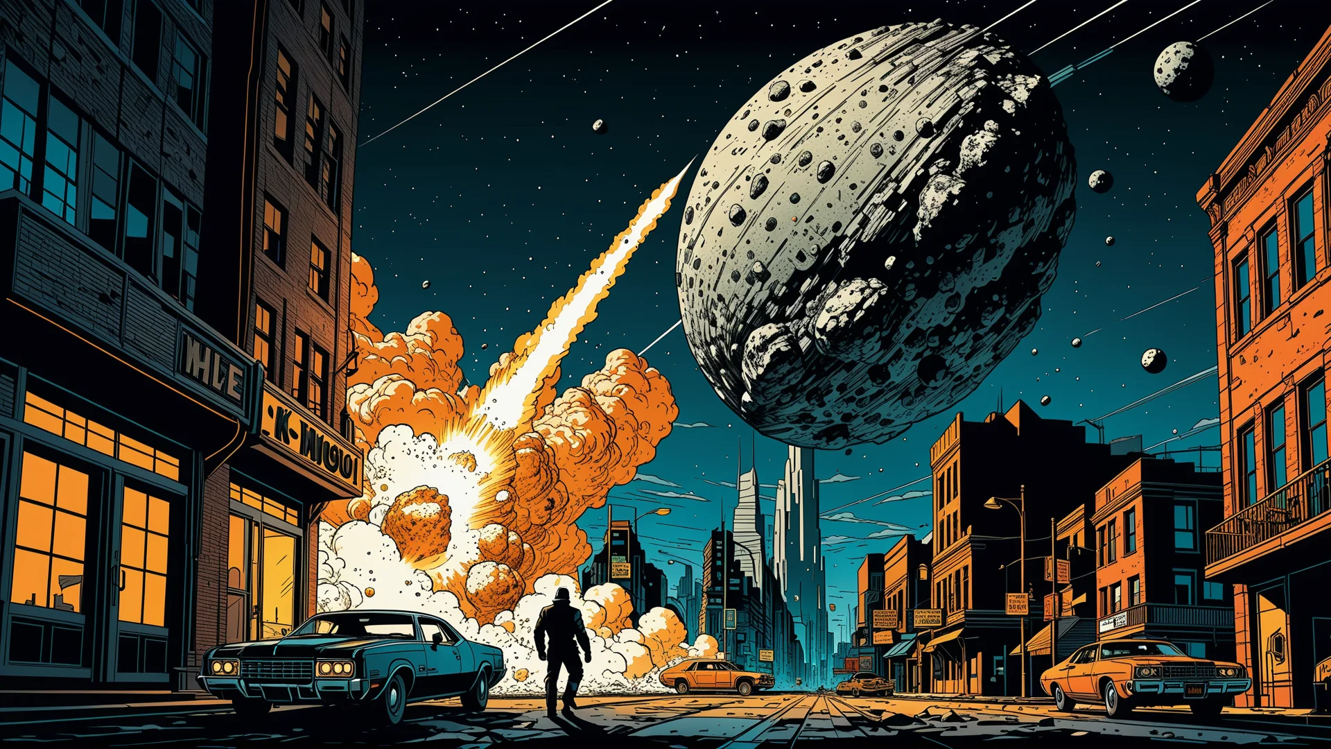 Futuristic City in Peril: Asteroid Descent in Noir Comic Style