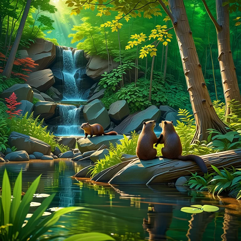 Romantic Forest Scene: Young Couple and Playful Beaver in Anime Art