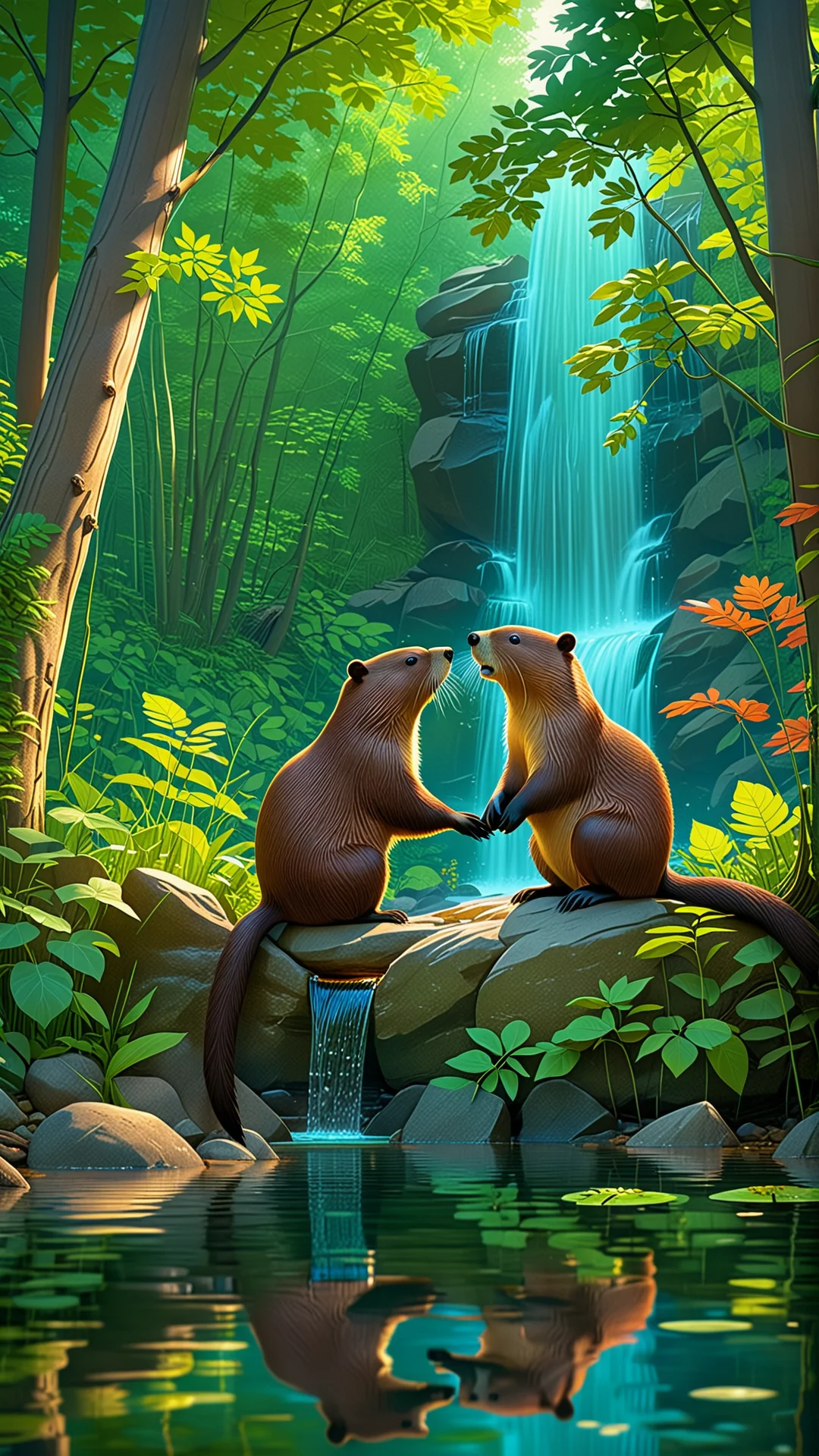 Romantic Forest Scene: Young Couple and Playful Beaver in Anime Art