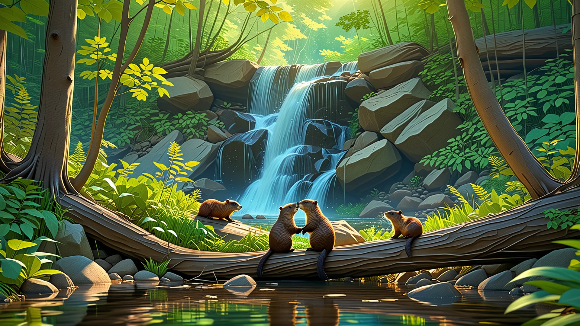 Romantic Forest Scene: Young Couple and Playful Beaver in Anime Art