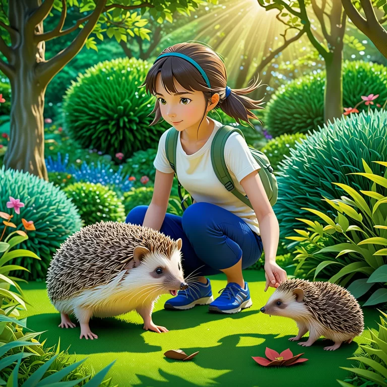 Enchanting Anime Art: Girl Trains Hedgehog in Vibrant Garden