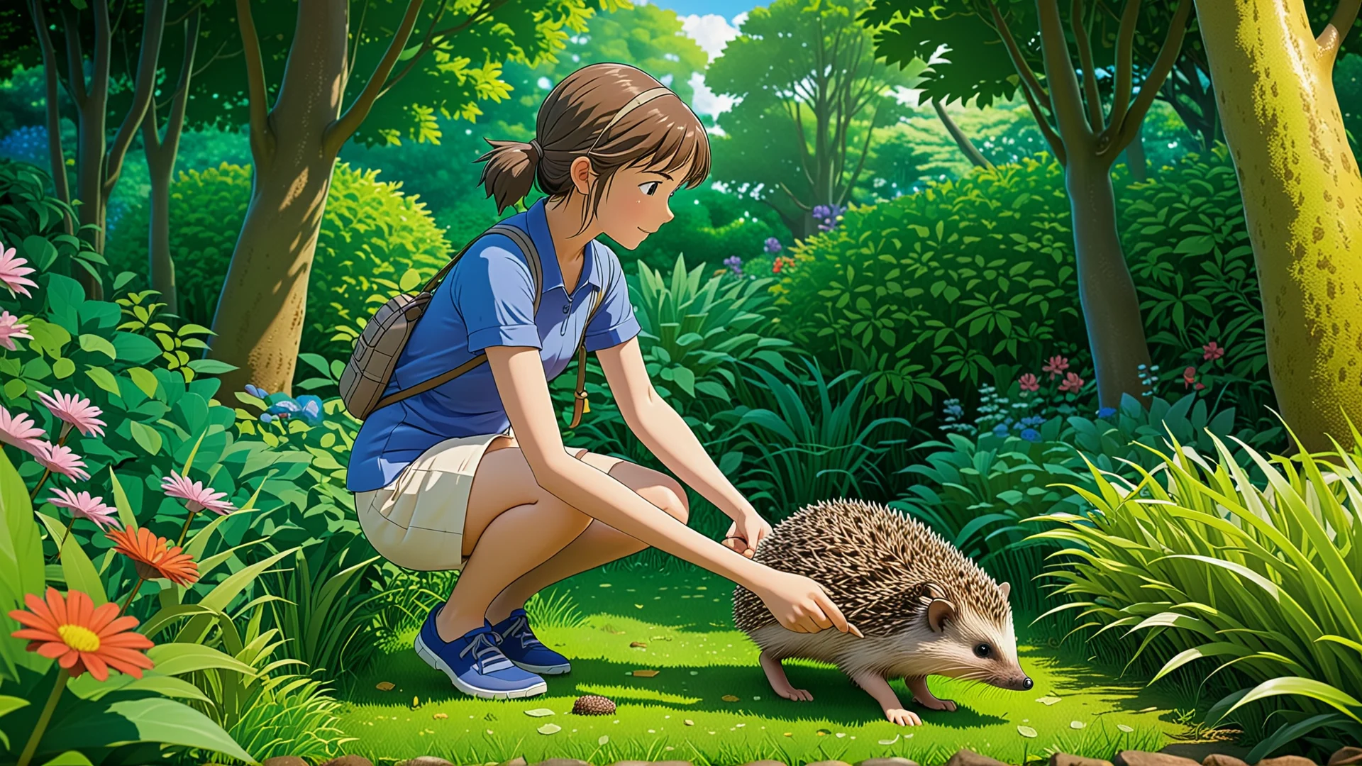 Enchanting Anime Art: Girl Trains Hedgehog in Vibrant Garden