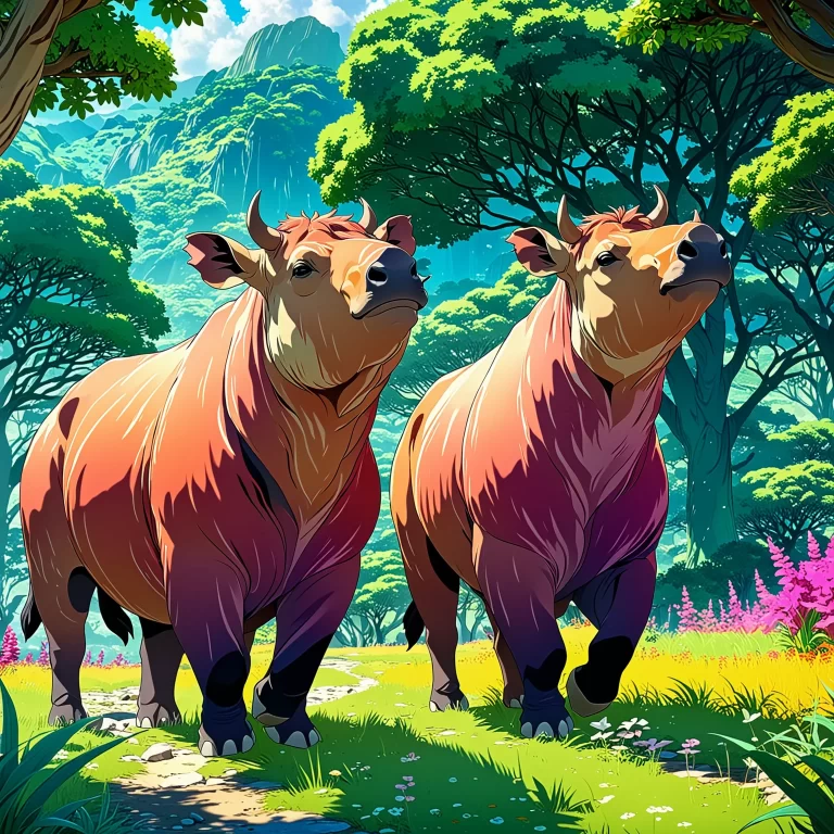 Anime Artwork of Ceratotherium Simum in a Vibrant Landscape