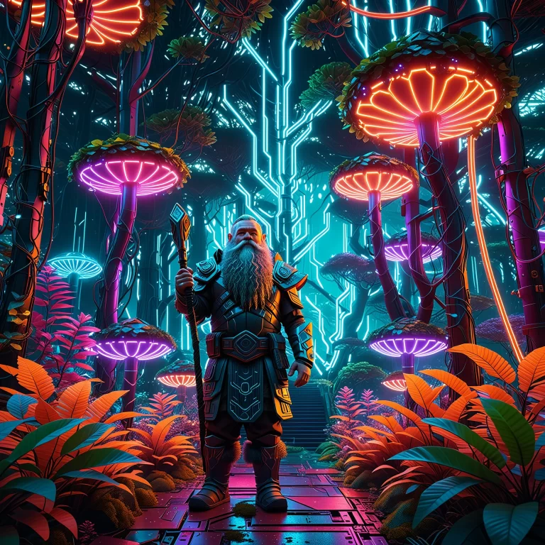 Futuristic Neon Dwarf in a Cyberpunk Forest: A Visual Masterpiece