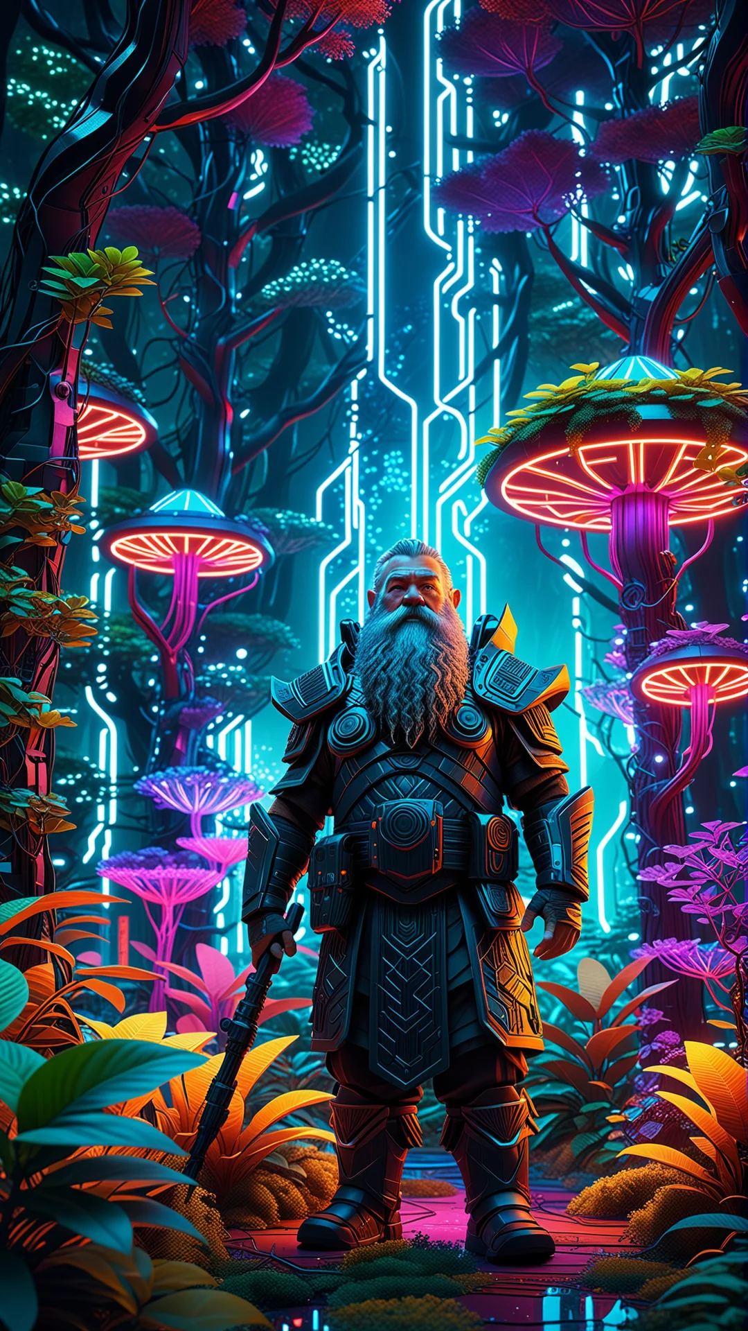 Futuristic Neon Dwarf in a Cyberpunk Forest: A Visual Masterpiece