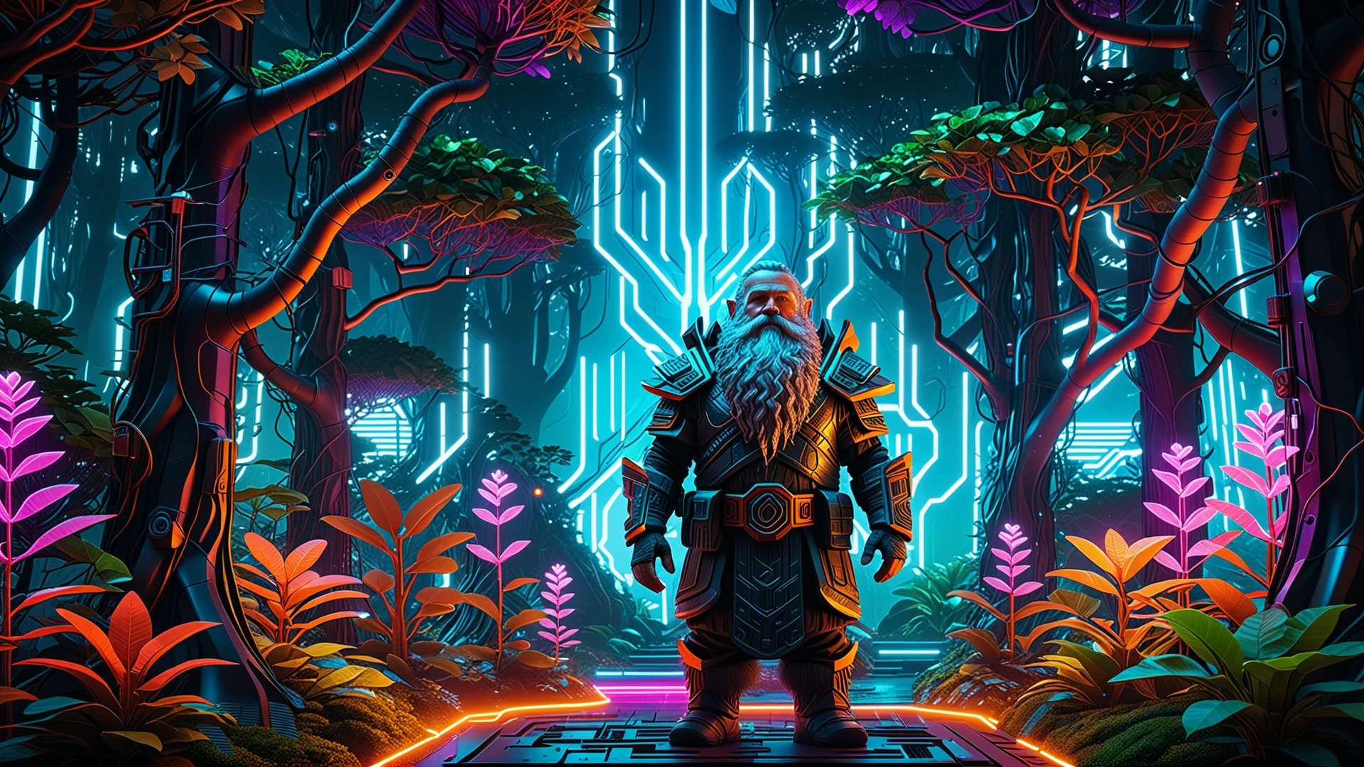 Futuristic Neon Dwarf in a Cyberpunk Forest: A Visual Masterpiece