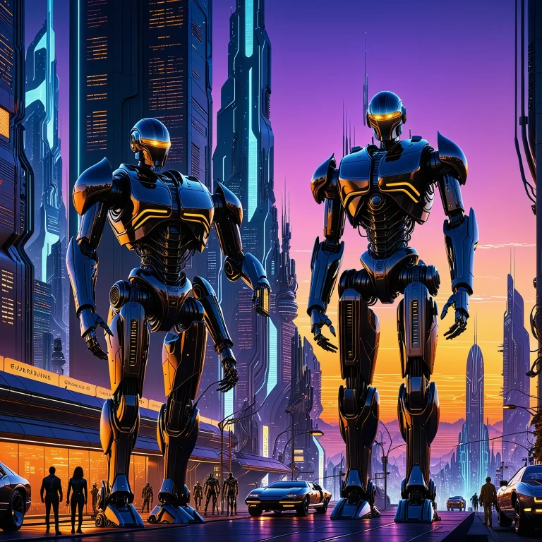 Futuristic Guardians: AI Robots Protecting a Dazzling Cityscape