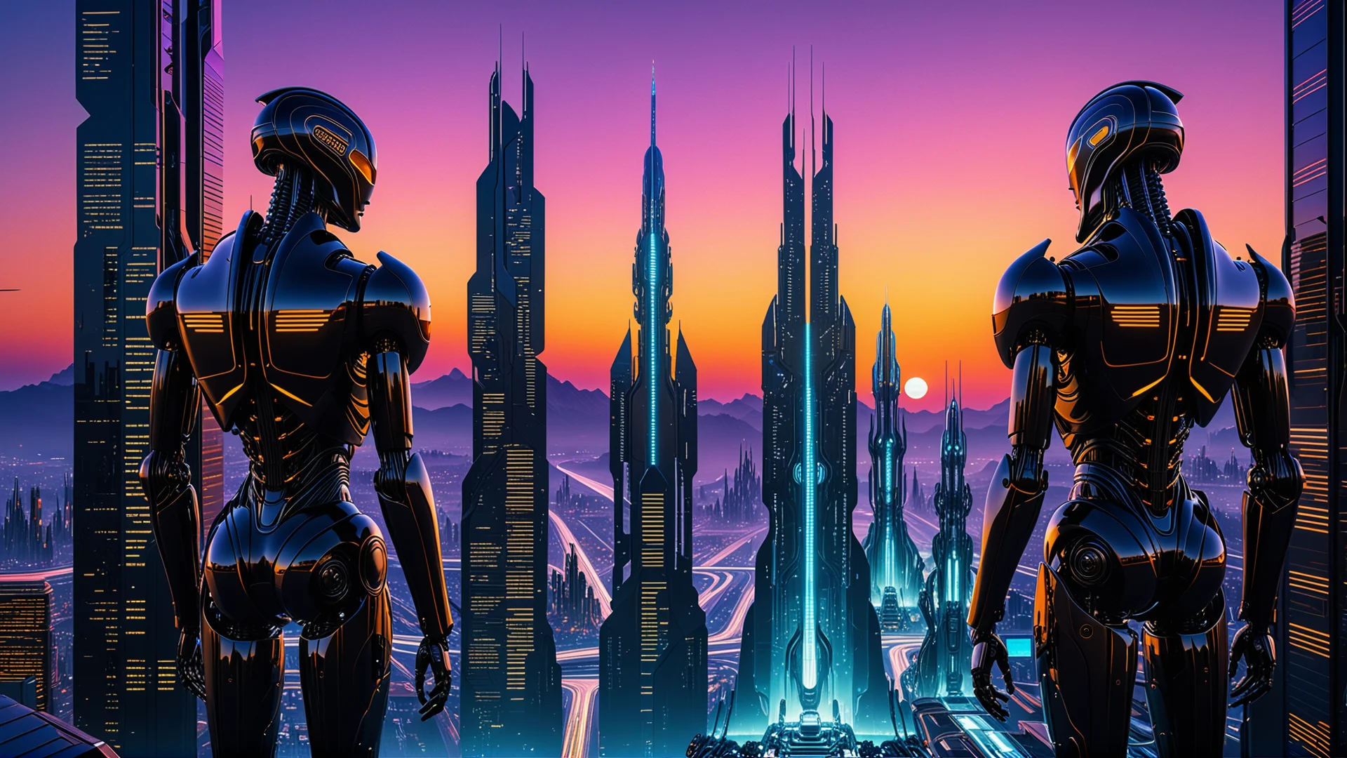 Futuristic Guardians: AI Robots Protecting a Dazzling Cityscape