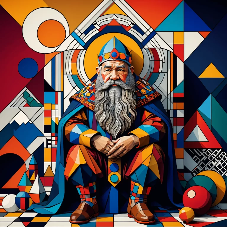 Vibrant Dwarf in Geometric Landscape: A Modern Artistic Expression