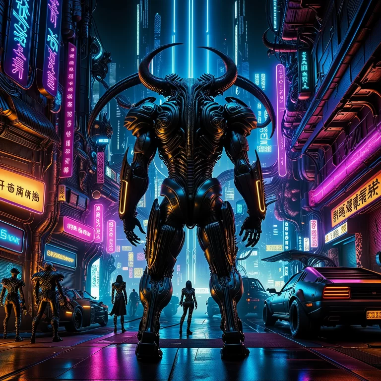 Futuristic Cyberpunk Monsters in a Vivid Neon Cityscape