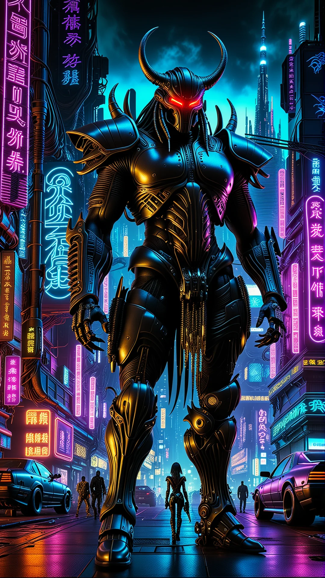 Futuristic Cyberpunk Monsters in a Vivid Neon Cityscape