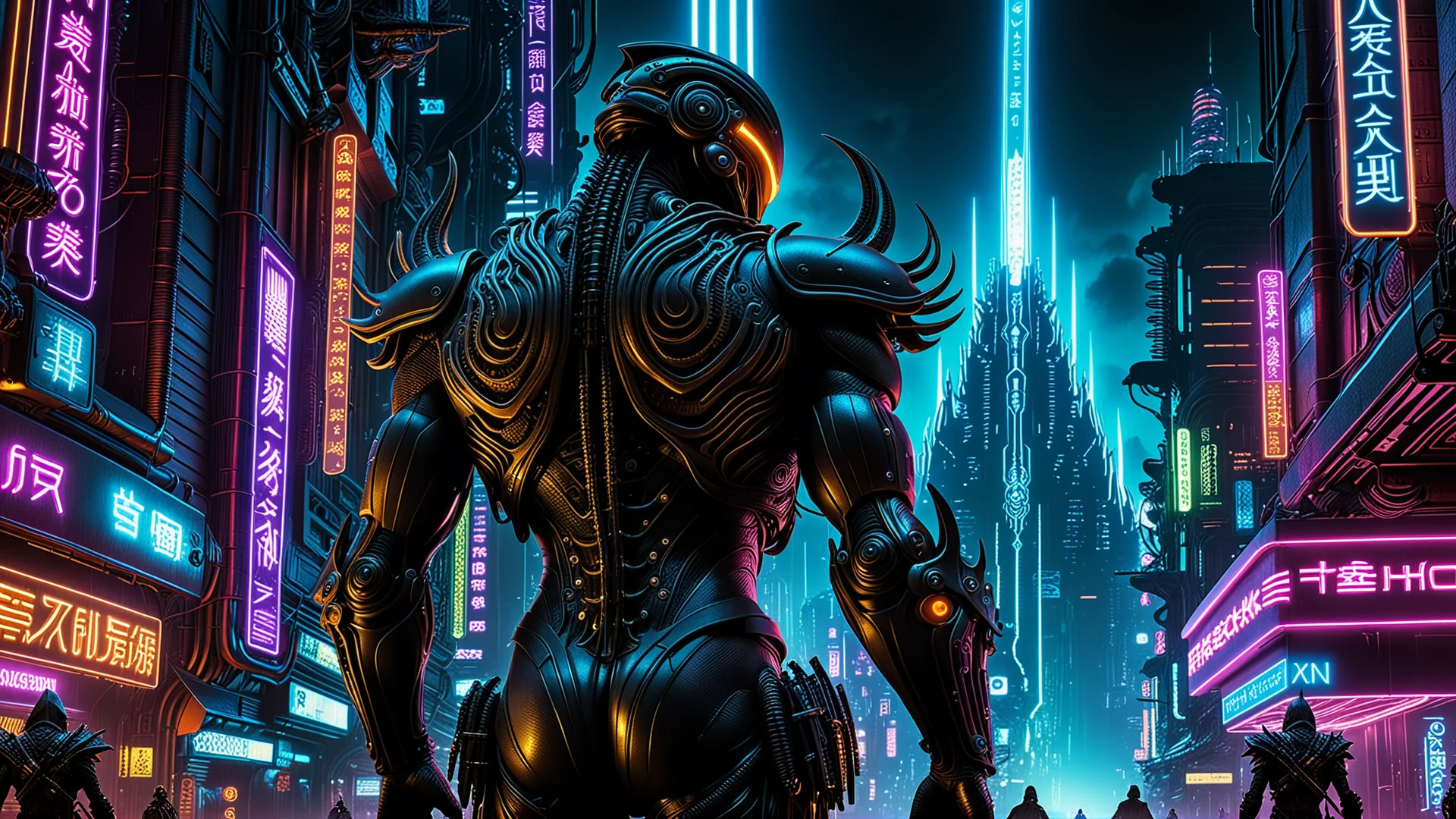 Futuristic Cyberpunk Monsters in a Vivid Neon Cityscape