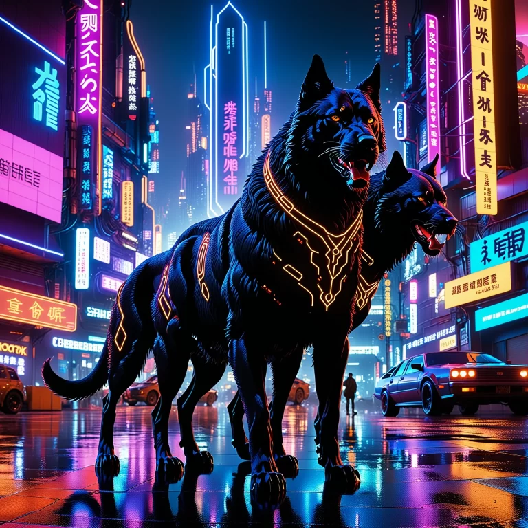 Cyberpunk Cerberus: AI Guardian of a Neon Cityscape