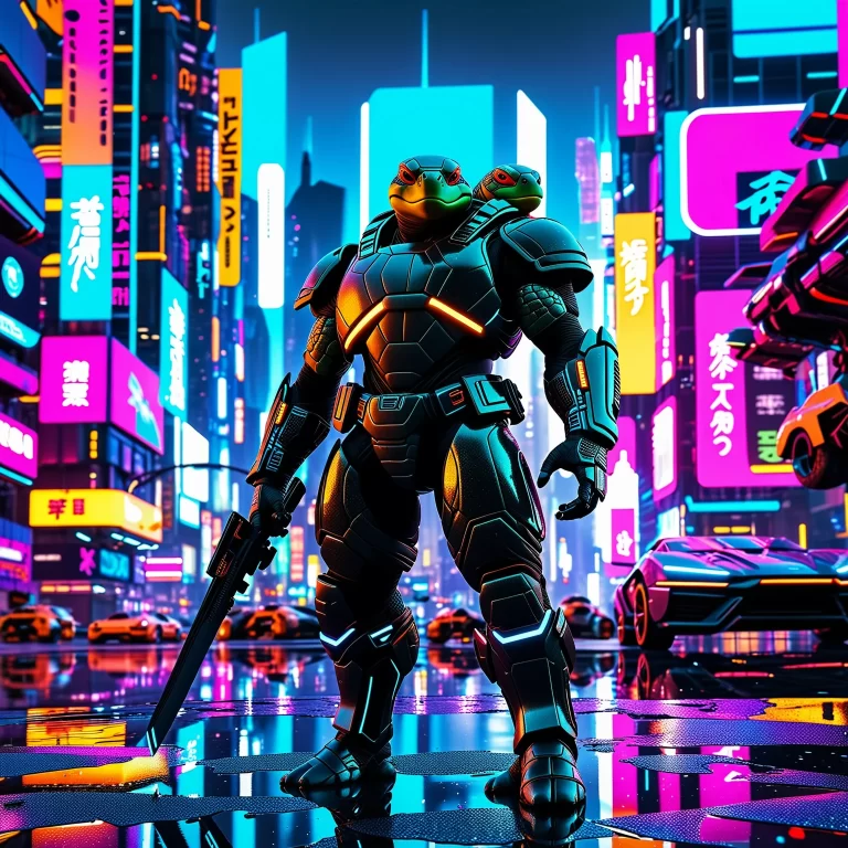 Cyberpunk Turtle Ninja in a Neon-Lit Futuristic Cityscape