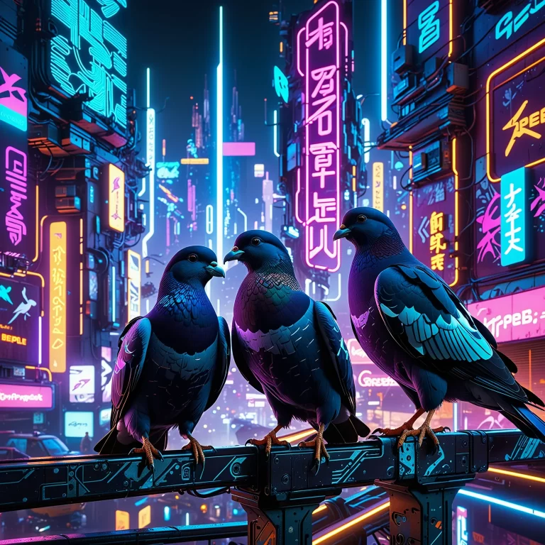 Cyberpunk Pigeons: Neon Cityscape with Futuristic Graffiti and Tech