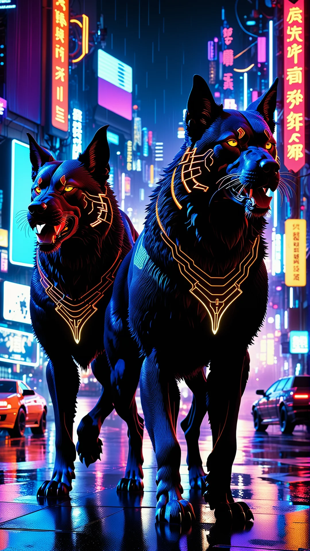 Cyberpunk Cerberus: AI Guardian of a Neon Cityscape