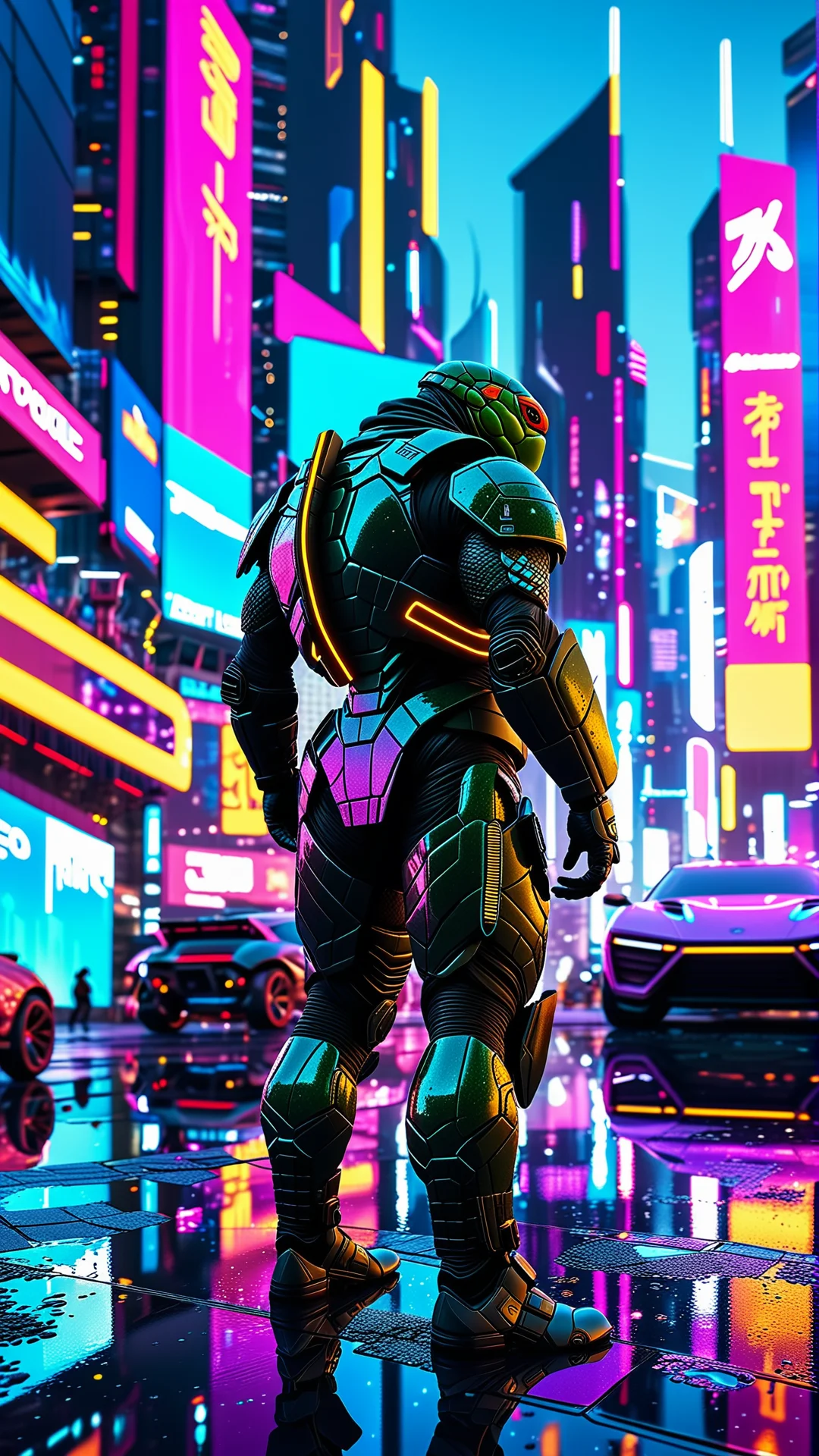 Cyberpunk Turtle Ninja in a Neon-Lit Futuristic Cityscape