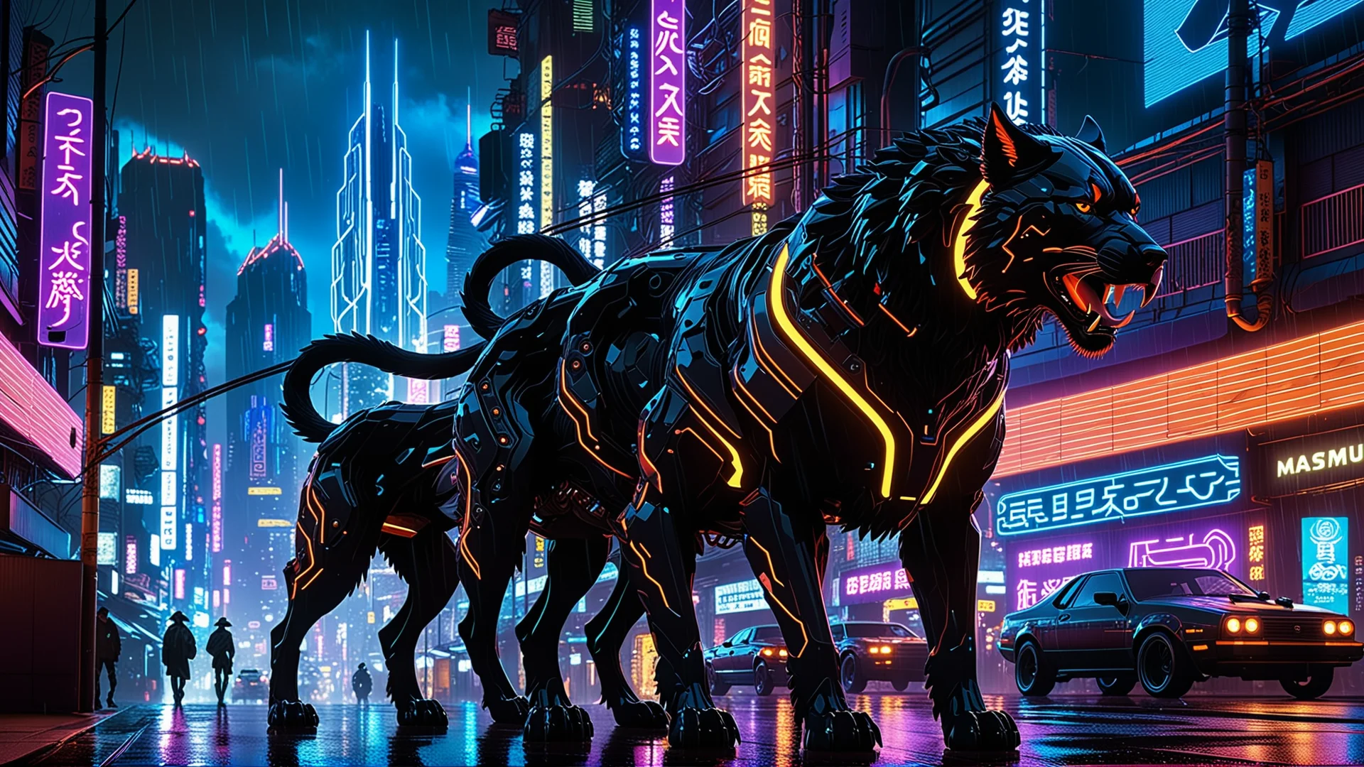 Cyberpunk Cerberus: AI Guardian of a Neon Cityscape