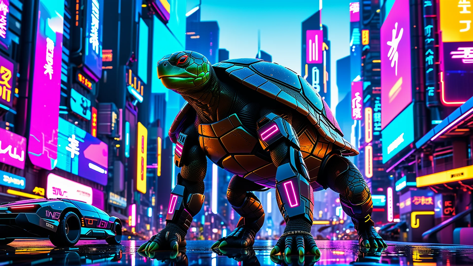 Cyberpunk Turtle Ninja in a Neon-Lit Futuristic Cityscape