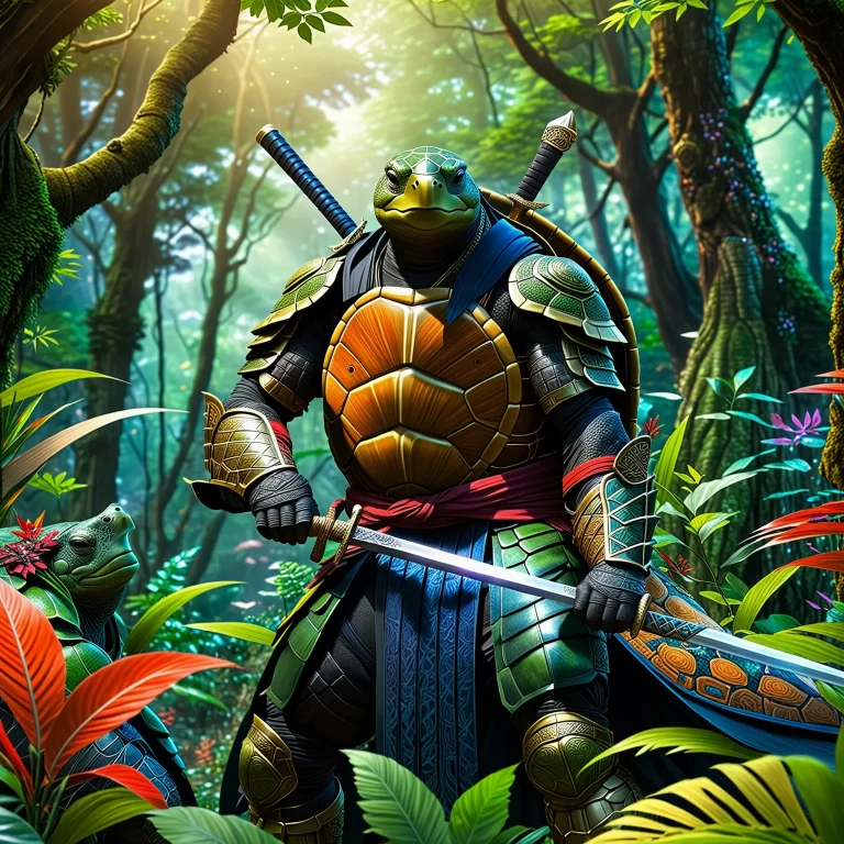 Mystical Turtle Ninja in Vibrant Armor: Enchanted Forest Art