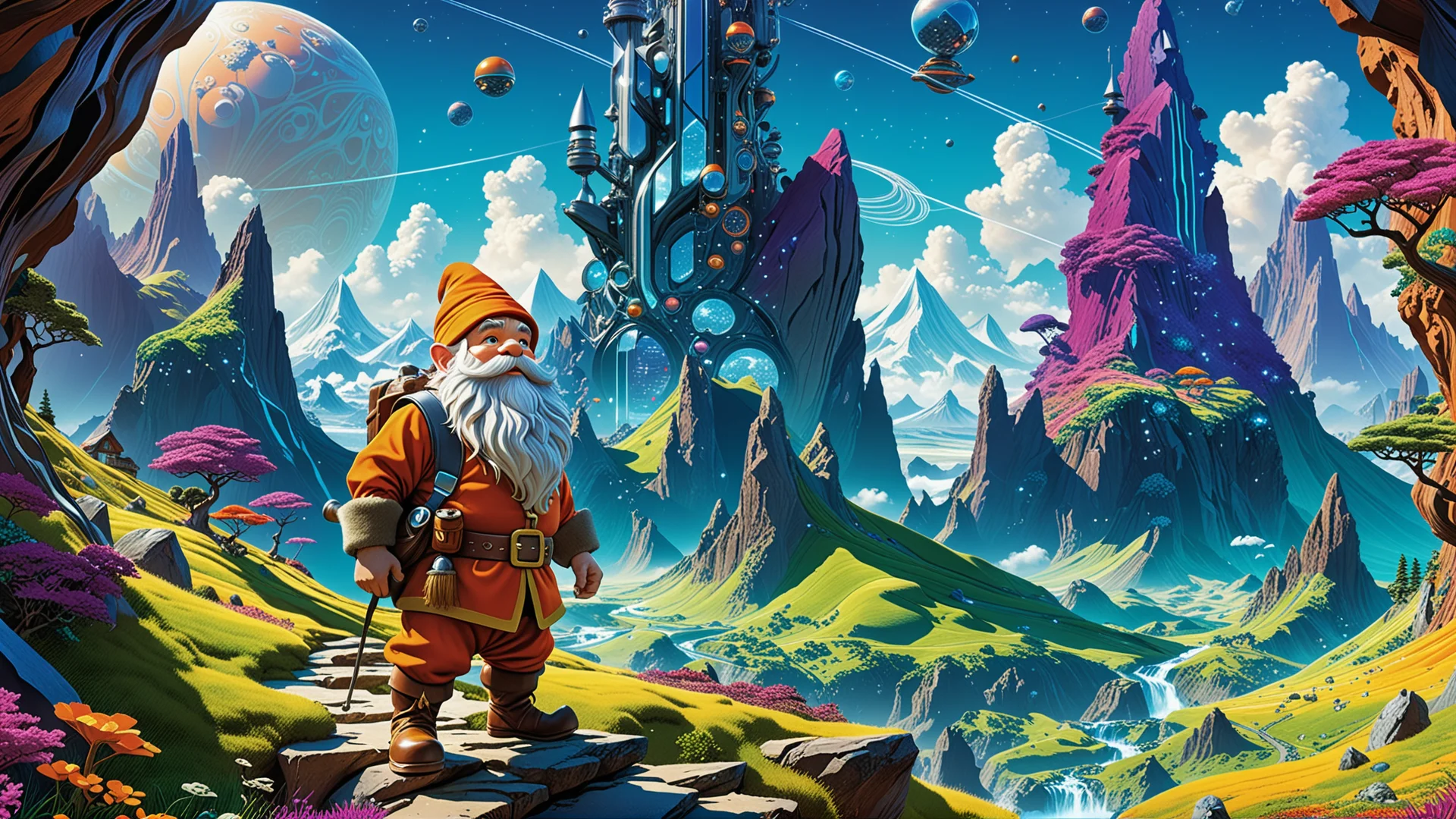 Whimsical Dwarf Adventures in a Futuristic Landscape