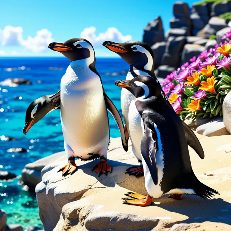 Playful Anime-Style African Penguins on a Rocky Coastline