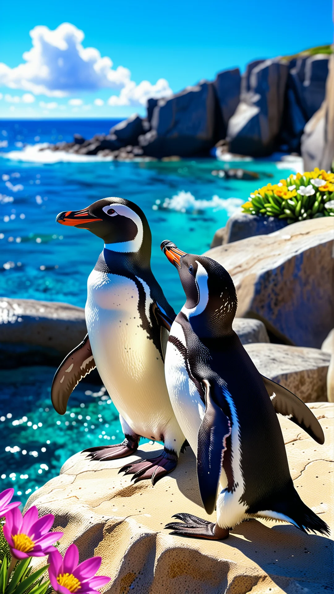 Playful Anime-Style African Penguins on a Rocky Coastline