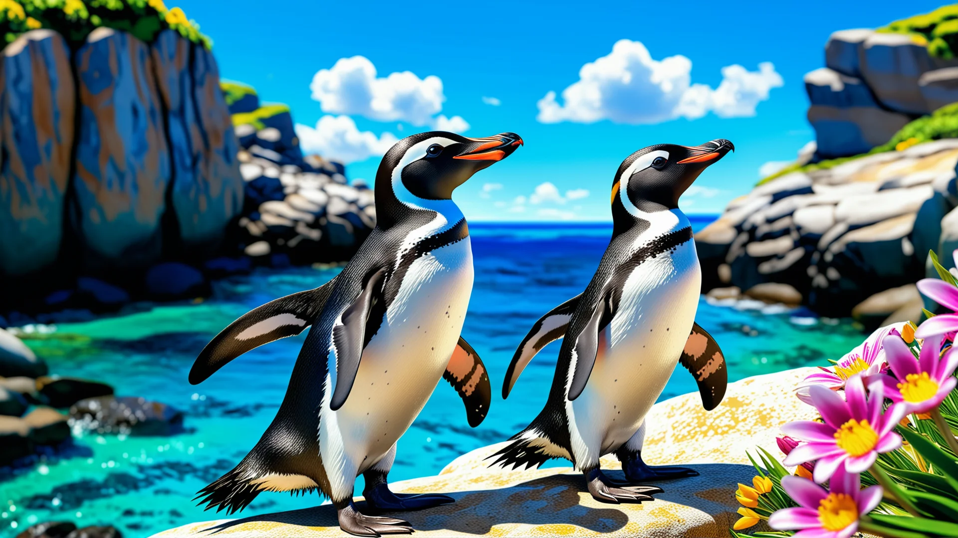 Playful Anime-Style African Penguins on a Rocky Coastline