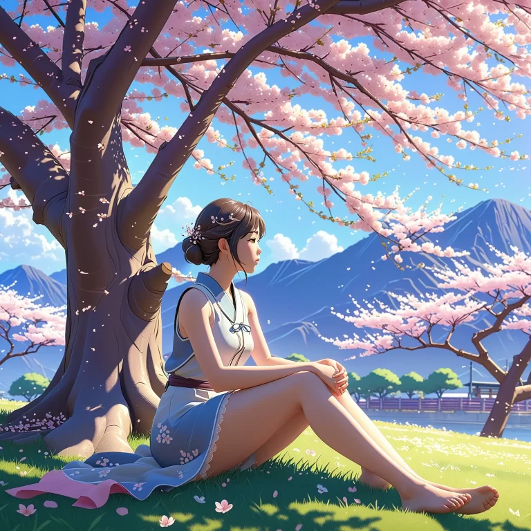 Serene Anime Character Under Cherry Blossoms – Ethereal Scene in 8K