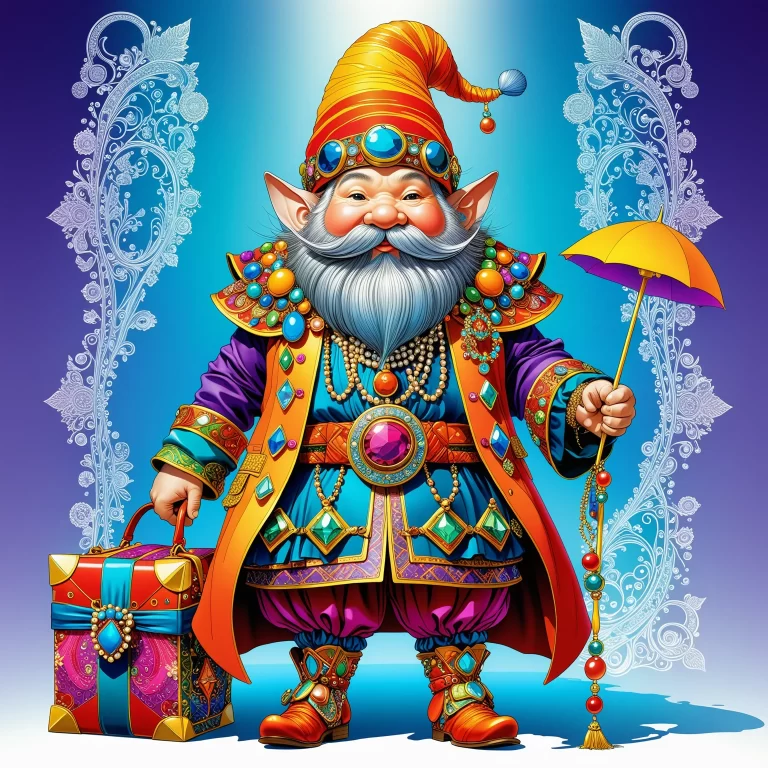 Whimsical Fashion Illustration of a Colorful Dwarf in Extravagant Attire