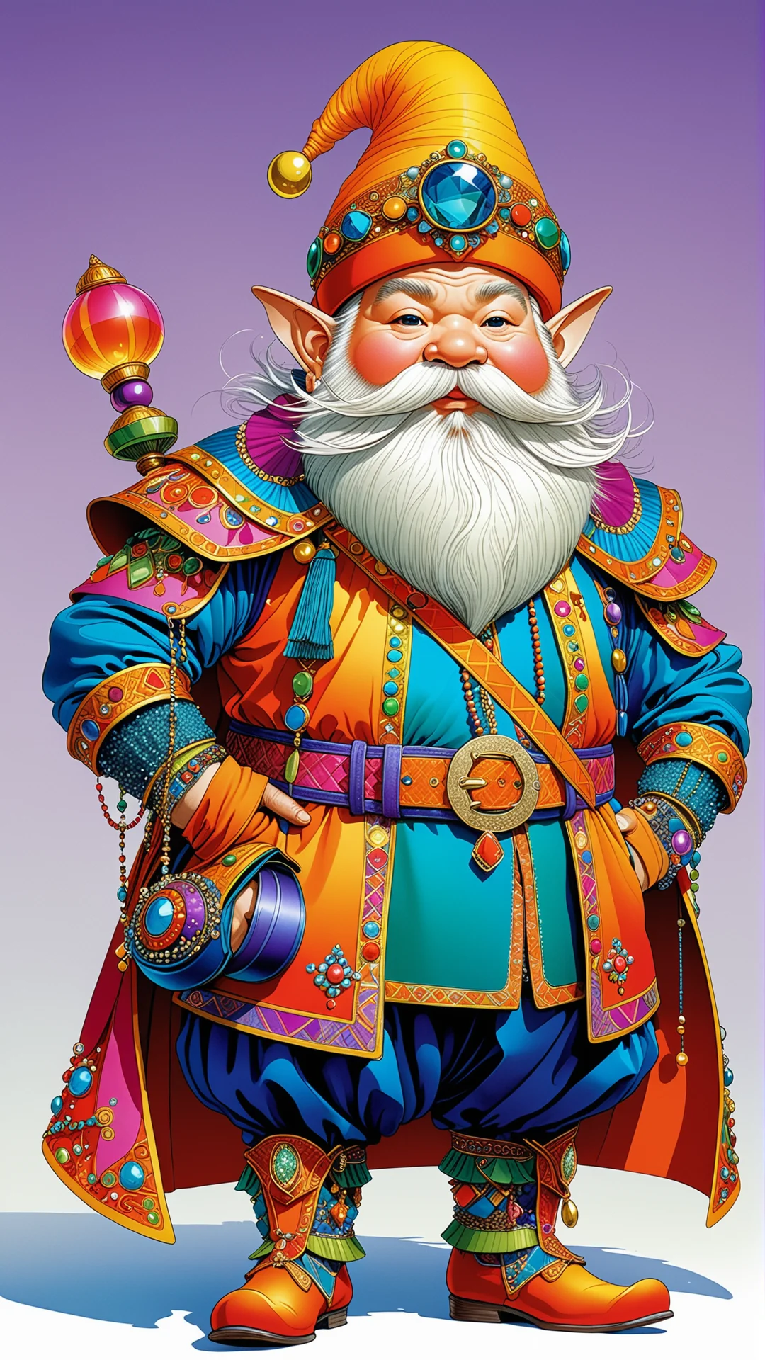 Whimsical Fashion Illustration of a Colorful Dwarf in Extravagant Attire