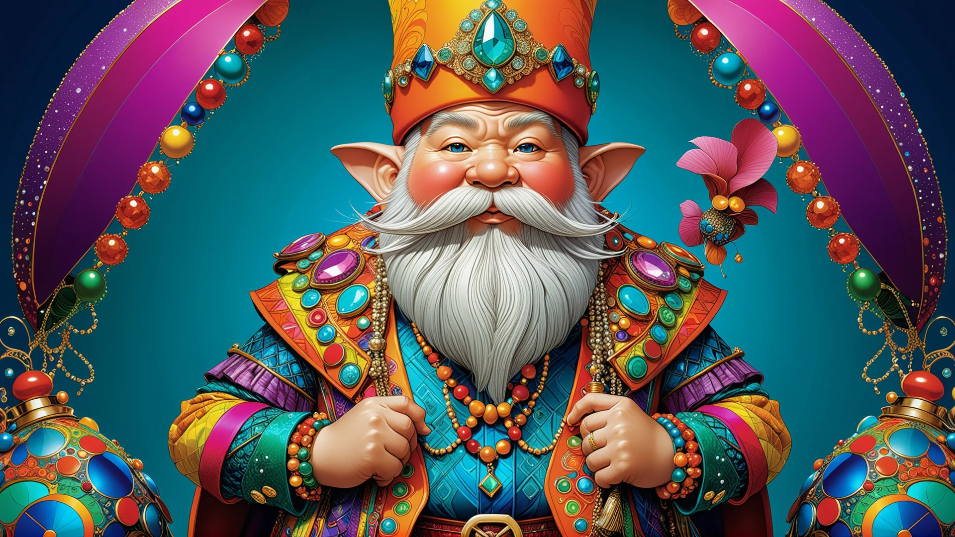 Whimsical Fashion Illustration of a Colorful Dwarf in Extravagant Attire