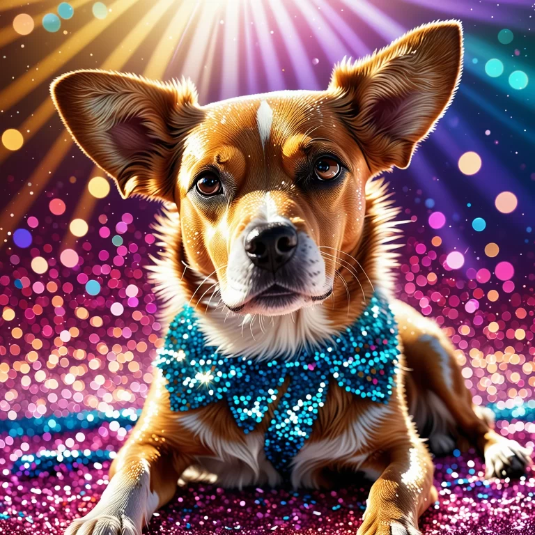 Playful Glittery Dog Sparkles in Whimsical Sunlit Scene