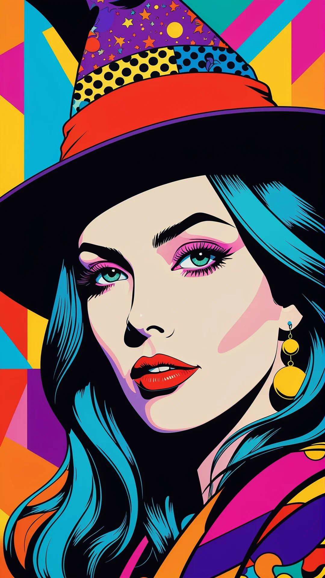 Vibrant Pop Art Portrait of a Beautiful Witch in Whimsical Style