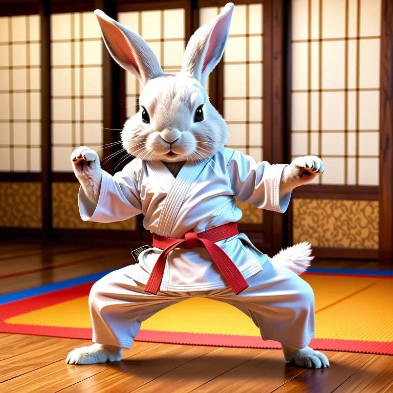 Karate-Practicing Anime Rabbit Illustration in Vibrant Dojo