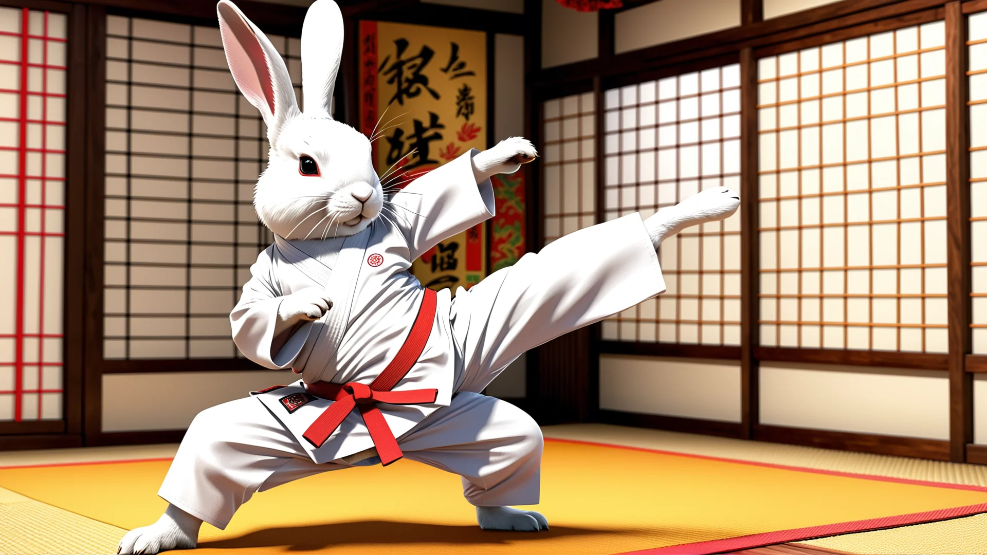 Karate-Practicing Anime Rabbit Illustration in Vibrant Dojo