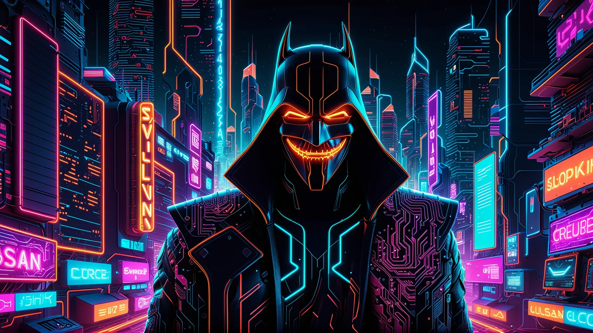 Cyberpunk Neon Villain Art: Futuristic Eerie Cityscape